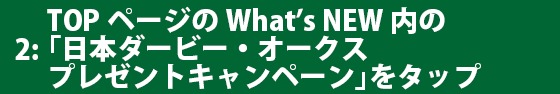 TOPページのWhat's NEW内の「日本ダービー・オークスプレゼントキャンペーン」をタップ