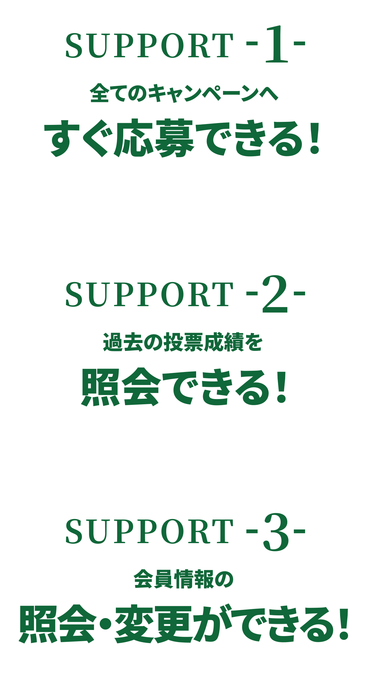 SUPPORT1 �S�ẴL�����y�[���ւ�������ł���I SUPPORT2 �ߋ��̓��[���т��Ɖ�ł���I SUPPORT3 ������̏Ɖ�E�ύX���ł���I