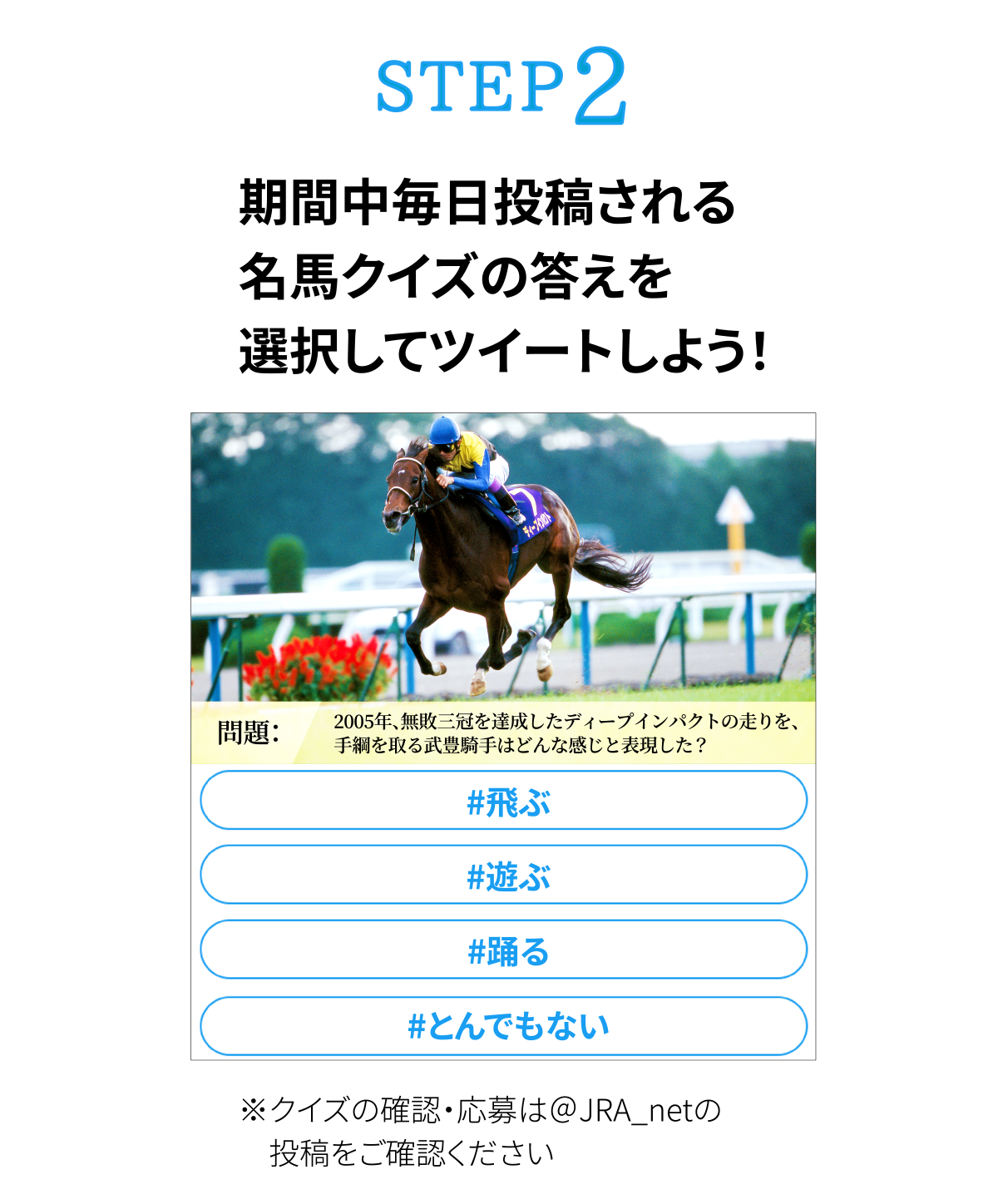 STEP2 期間中毎日投稿される名馬クイズの答えを選択してツイートしよう!※クイズの確認・応募は@JRA_netの投稿をご確認ください