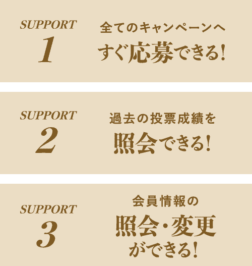 SUPPORT1 �S�ẴL�����y�[���ւ�������ł���I SUPPORT2 �ߋ��̓��[���т��Ɖ�ł���I SUPPORT3 ������̏Ɖ�E�ύX���ł���I