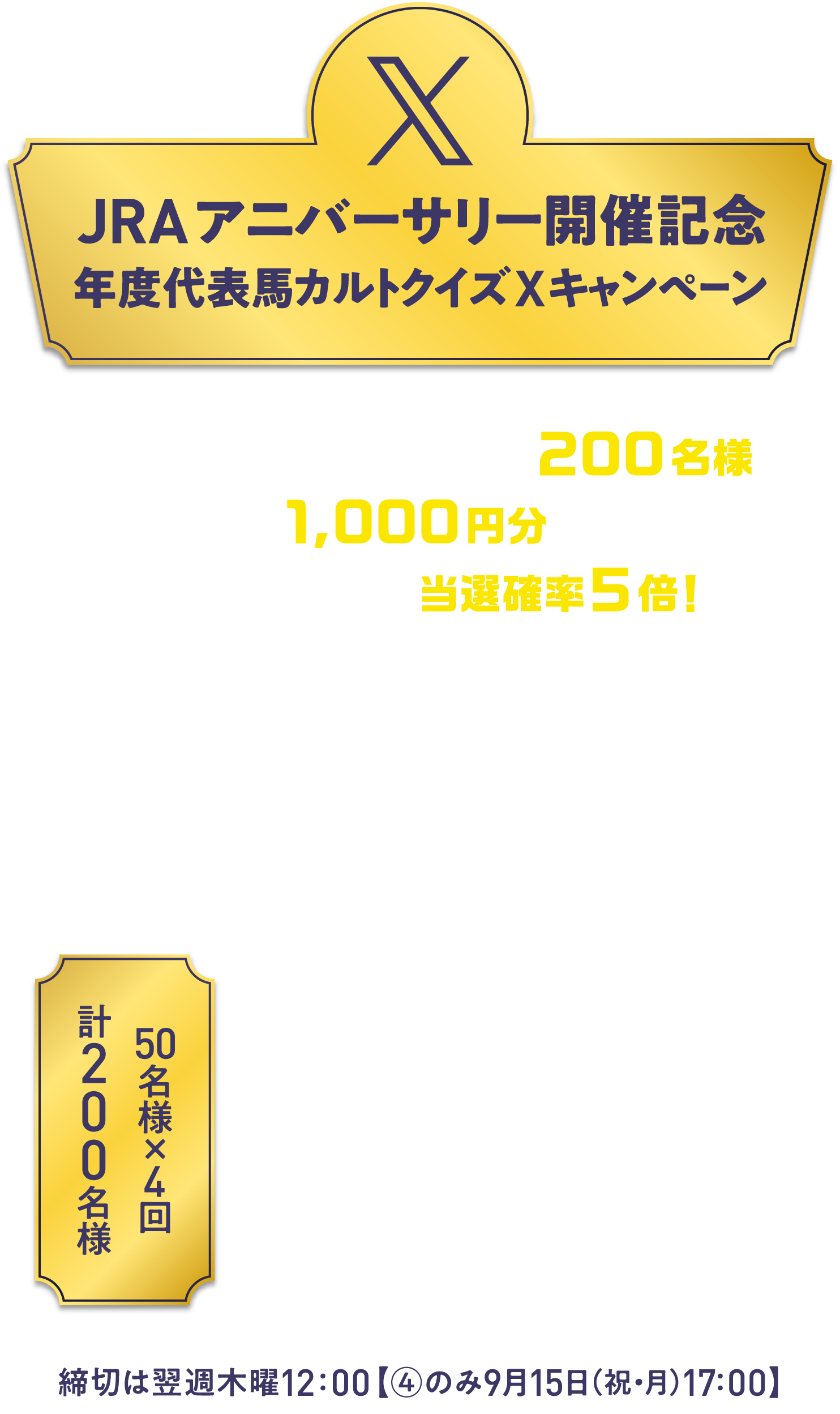

JRA�A�j�o�[�T���[�J�ËL�O
�N�x��\�n�J���g�N�C�Y�L�����y�[��
    
�Q���������̒����璊�I��200���l��
����ׂ�Pay1,000�~�����v���[���g�I
�N�C�Y�����҂͓��I�m��5�{�I
    
50���l�~4��
�v200���l 
    
���e����  
�i1�j2025�N8��22���i���j
�i2�j2025�N8��29���i���j 
�i3�j2025�N9��5���i���j
�i4�j2025�N9��12���i���j  
���؂͗��T�ؗj12�F00 �y�C�̂�9��15���i�j�E���j17�F00�z

