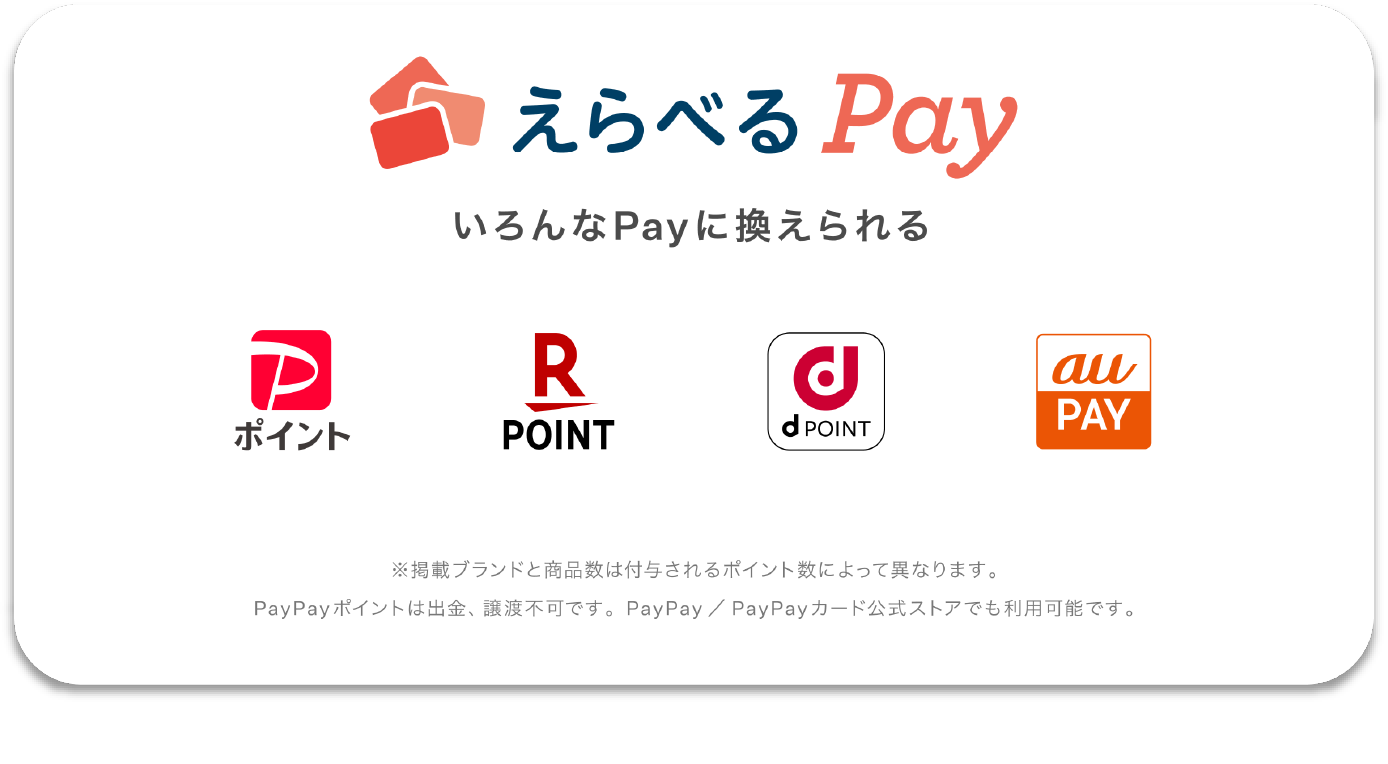 
����ׂ�Pay
������Pay�Ɋ�������    
���f�ڃu�����h�Ə��i���͕t�^�����|�C���g�ɂ���ĈقȂ�܂��B
��PayPay�|�C���g�͏o���A���n�s�ł��BPayPay/PayPay�J�[�h�����X�g�A�ł����p�\�ł��B
�uau PAY�v��KDDI������Ђ̏��W�ł��B  
