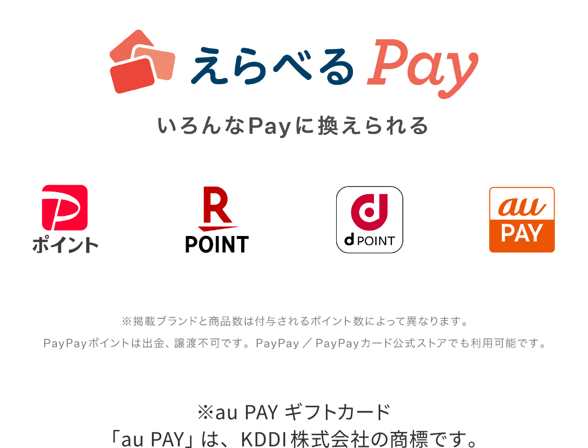 ����ׂ�Pay
 ������Pay�Ɋ�������    
���f�ڃu�����h�Ə��i���͕t�^�����|�C���g�ɂ���ĈقȂ�܂��B
��PayPay�|�C���g�͏o���A���n�s�ł��BPayPay/PayPay�J�[�h�����X�g�A�ł����p�\�ł��B
�uau PAY�v��KDDI������Ђ̏��W�ł��B
         