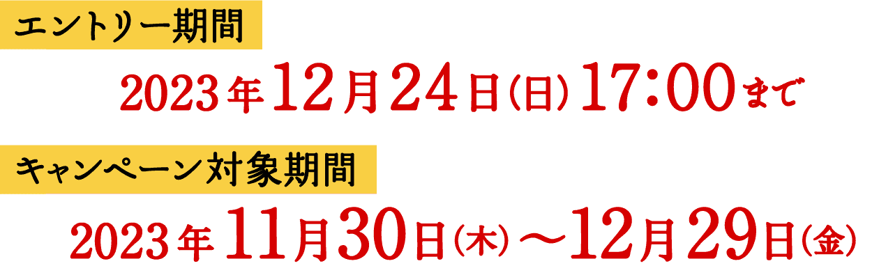 エントリー期間 2023年12月24日（日） 17:00まで キャンペーン対象期間 2023年11月30日（木）〜12月29日（金）