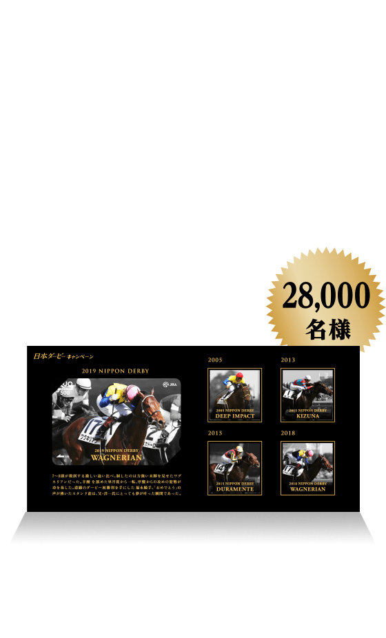 ＜2019年度 日本ダービー＞ 優勝馬デザイン QUOカード(500円分) 今年度の日本ダービー優勝馬がデザインされます。28,000名様 対象レース:5月26日 日曜日 東京11R 日本ダービー